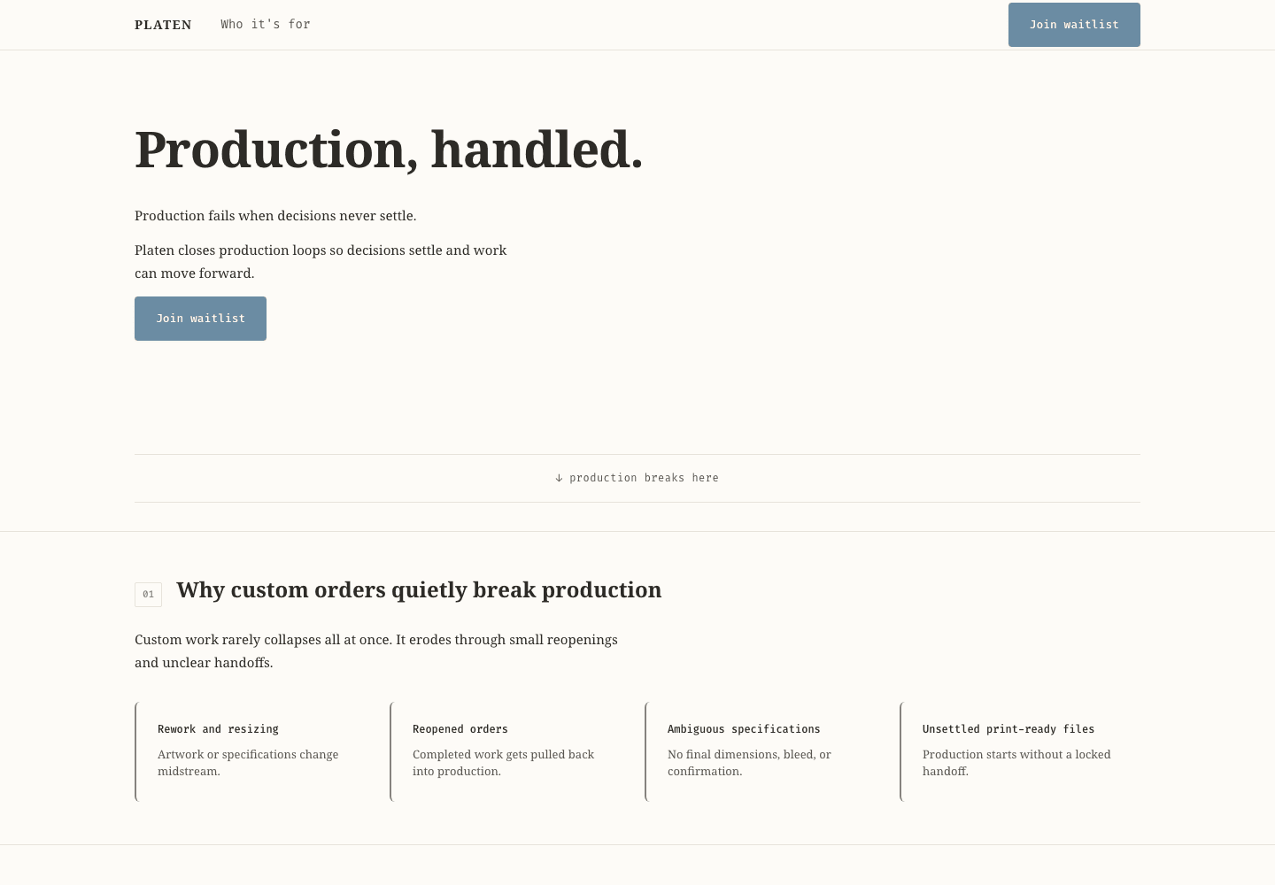 Platen’s live website introduces production handling for custom orders and print-ready handoffs