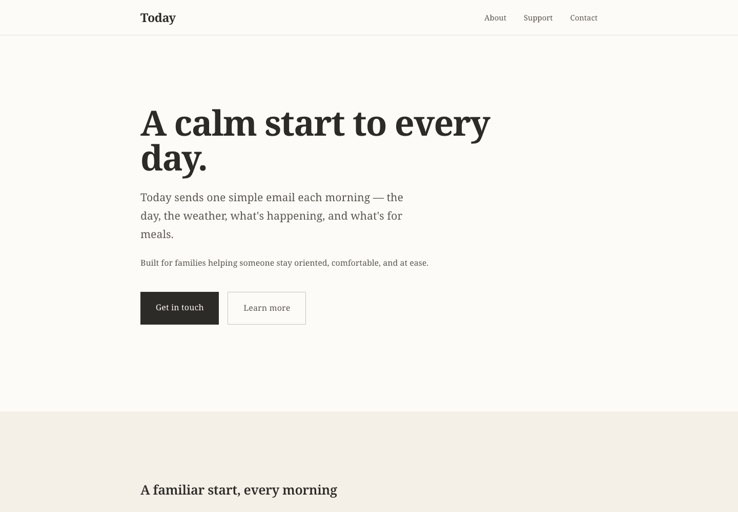 Today’s public website explains its calm daily orientation email for families